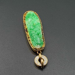 Vtg Chinese Mottled Green Jadeite Pendant w 14K Gold & Diamond Bale (AHB) 405