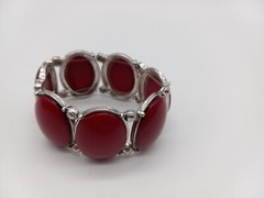 Antique red oval plastic stone silver tone metal flex stretchy bracelet 7″