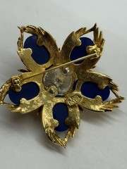 Vintage Joan Rivers Gold Toned Chunky Star Flower Crystal Faux Lapis Brooch Pin