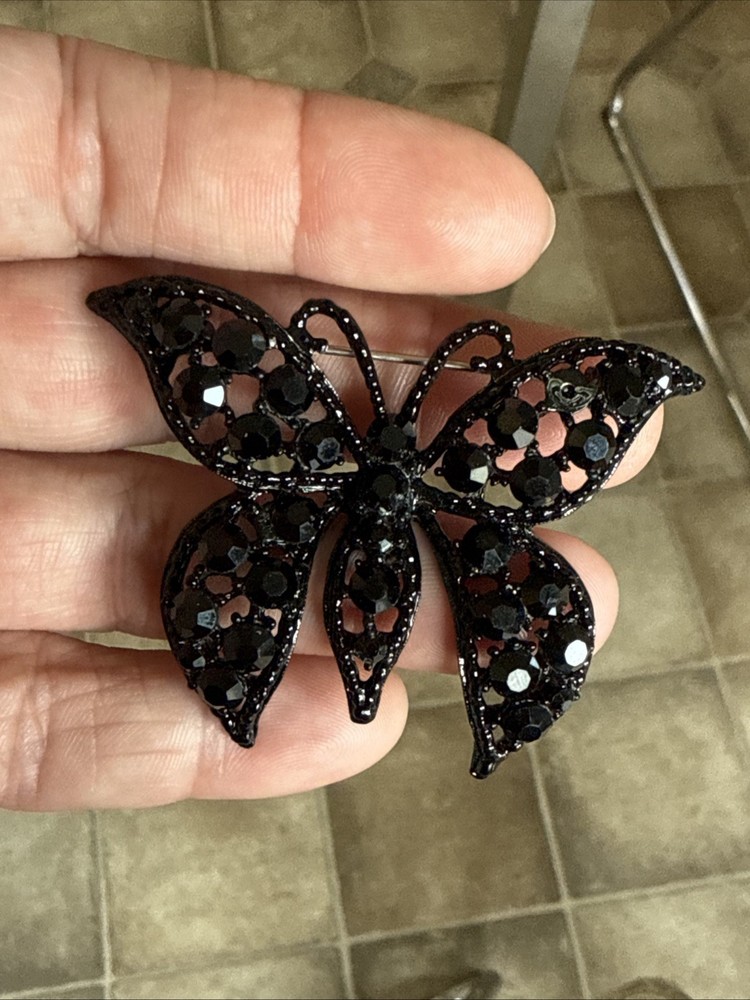 Albert Weiss Butterfly BROOCH SIGNED JET BLACK RHINESTONE PIN Vintage Jewelry