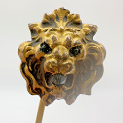 Victorian Gilt Lion Head Stick Pin Paste Garnet Eyes Rhinestone 2.5″