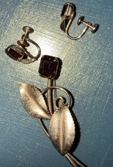 Vtg Van Dell Amber Stone Brooch Earrings Set 1/20 12K GF Gold Filled Flower Leaf