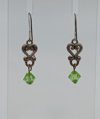 VTG 925 Green Bicone Crystal Earrings 1.25in Drop Sterling Silver Heart Scroll