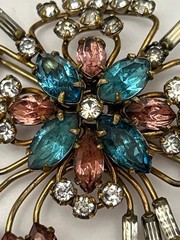 Quill 12K GF Gold-Filled Pink & Blue Floral Rhinestone Brooch Pin Vintage 1950s