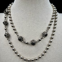 Vintage Long Silver Tone Necklace Black Floral Stations 35″ Southwest Statement