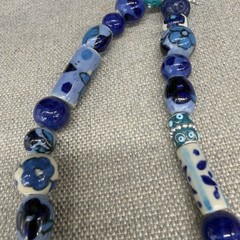 Vintage Artisan Necklace Ceramic Hand Painted Beads Blue White Floral 30 Inches