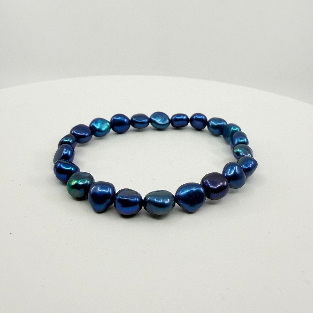 Vintage Blue Peacock Baroque Pearl Stretch Bracelet – Iridescent Boho Charm