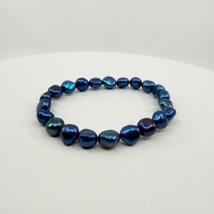 Vintage Blue Peacock Baroque Pearl Stretch Bracelet – Iridescent Boho Charm