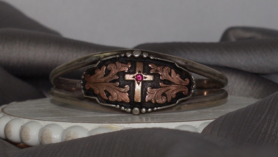 Vintage Mexico Sterling Silver & 10k G.F Ruby Cross Cuff 25.2G / 6.25in