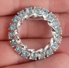 Vintage Wreath Light Blue Rhinestone Brooch Glass Rhinestone Circle Round Brooch