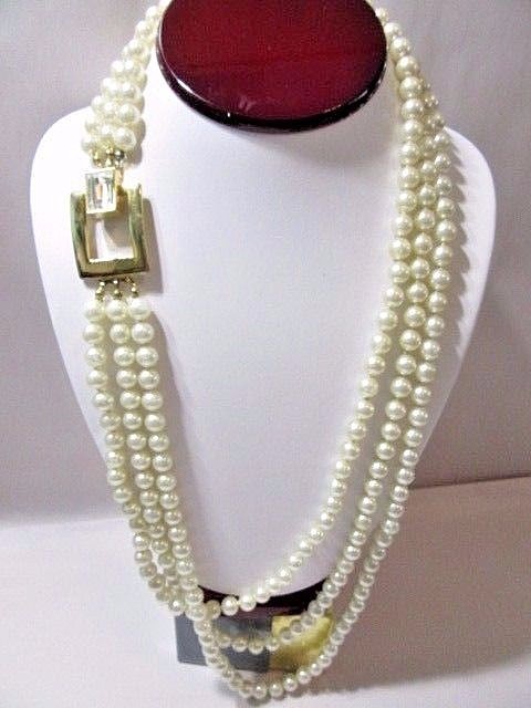 MULTI-STRAND DESIGNER STYLE LONG SIMULATED PEARL FANCY CLASP W CRYSTAL BUCKLE