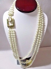 MULTI-STRAND DESIGNER STYLE LONG SIMULATED PEARL FANCY CLASP W CRYSTAL BUCKLE