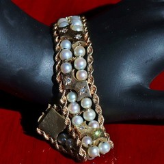 14k yellow gold bracelet 5-5.5mm cultured pearl 0.5ct diamond 7.5″ antique 43.0g