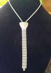 VTG Silvertoned Neck Tie Shaped Necklace Pave Rhinestones 14″ Chain 5.5″Drop