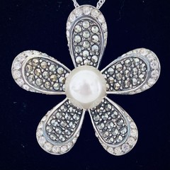 VINTAGE SLC Pearl CZ Marcasite Sterling Silver Flower Necklace | Brand New, 18”