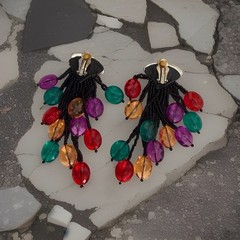 Vintage 80s Colorful Beaded Clip On Earrings Funky Chunky Dangle Statement Retro
