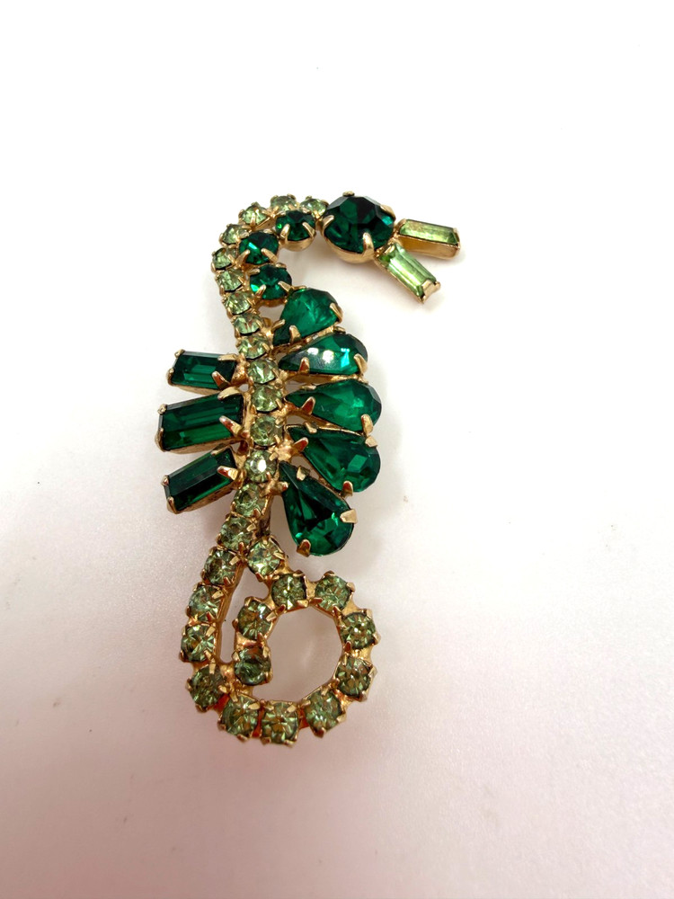 Vintage Brooch Rhinestone Seahorse Green Figural