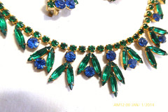 RARE VINTAGE JULIANA D&E BLUE & GREEN MARQUISE RHINESTONE NECKLACE EARRINGS SET
