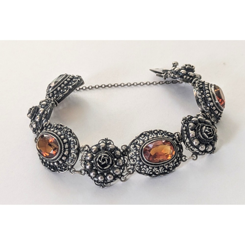 Antique PERUZZI Florence 800 Silver Ornate Rosette Faceted Citrine Link Bracelet