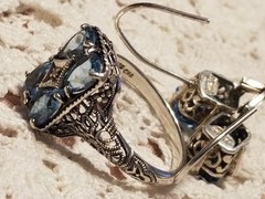 Art Deco Antique Blue Topaz Diamond Accent Ring & Earrings Set,Size 10, 925 &CNA