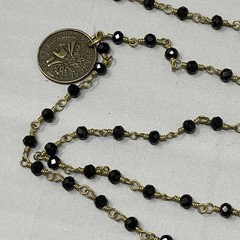 Designer Glass Bead Necklace R&R Coin Charm Chain Links Black Facet Retro 28″