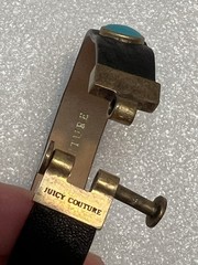 Vintage Juicy Couture Black Faux Leather Band Bracelet Blue Stones Brass 7”