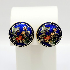 Cloisonné Small Butterfly & Flowers Round Blue Enamel Gold Tone Clip On Earrings