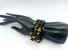 Vintage Black Brown Tigers Eye Stone Gemstone Bead Wide Bracelet RO-DO NOS Saks