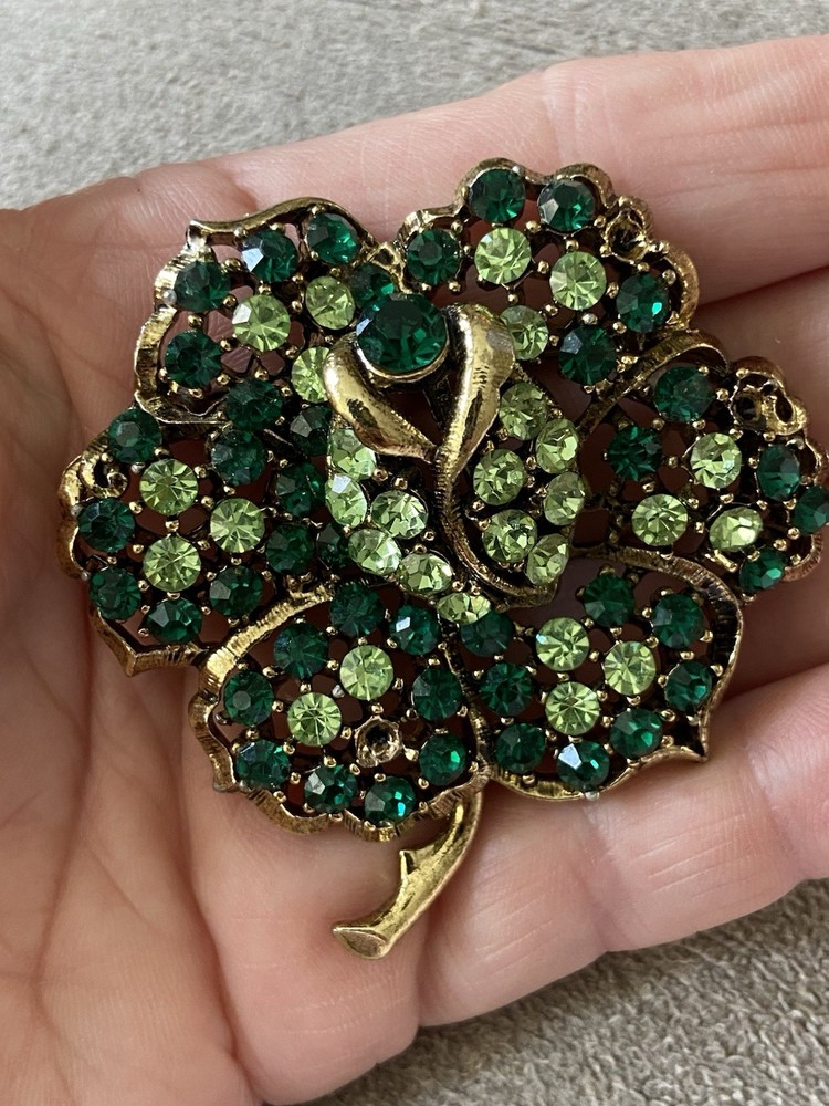 Weiss Green Rhinestone Flower Brooch Signed
