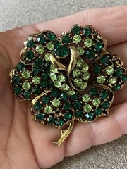 Weiss Green Rhinestone Flower Brooch Signed