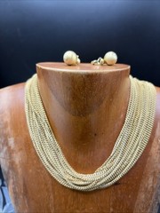 Vtg Estate Gold Brush Tone Multi Strand Necklace & Earrings Jewelry Set 12”L MCM