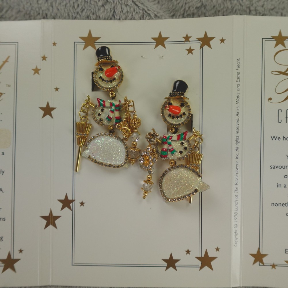 Lunch at the Ritz Earrings Frosty the Snowman Lunchman Clip On Signed Menu Card