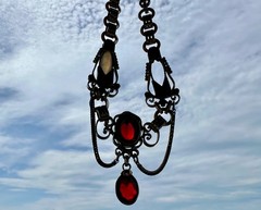 German Jugendstil Albertina Watch Chain Red Glass Drop Clover Mark c.1910-1925