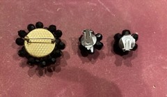 Vintage Black Faceted Glass Flower Pin Brooch With Matching Earrings