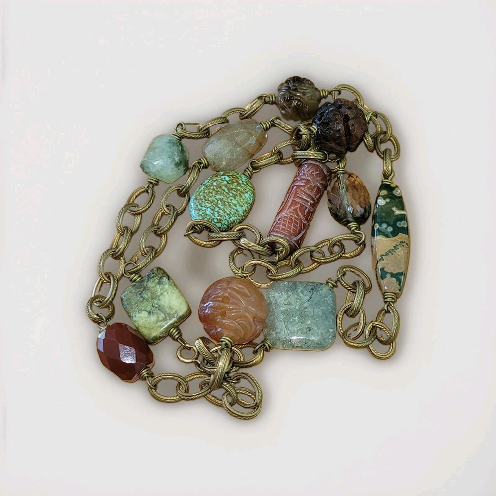 Vintage Artisan Jade Turquoise Carnelian Rutilated Quartz Necklace 14K GF