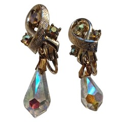 Clip On Earrings Rhinestone Teardrop Dangle Vintage MCM