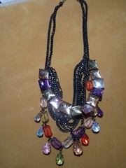 Necklace w/Plastic & Glass Beads Multi Color & Layered Gunmetal