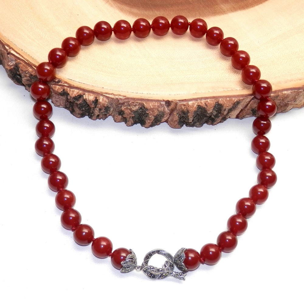 Carnelian & Marcasite 925 Sterling Silver Beaded Knotted 12mm Vntg Necklace 20in