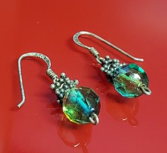 VTG 925 Faceted Glass 1in Drop Earrings Sterling Silver 2gtw Blue Green Swirl