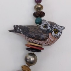 Handmade Resin Owl Beaded Necklace Earth Tone Artisan Statement Jewelry Boho
