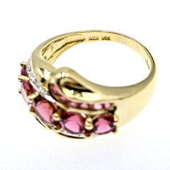14k Solid Yellow Gold Natural Pink Tourmaline and Diamond Band Ring Size 7.75
