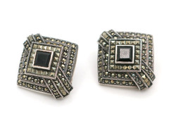 Vintage Judith Jack Sterling Silver 925 Square Stud Marcasite Clip On Earrings