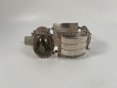 VINTAGE SILVER MEXICO BEIGE & WHITE AGATE PANEL BRACELET 7.25