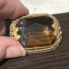 Vintage Nouveau Signed Czech Topaz Amber Glass Open Bezel Set Brooch Pin Amazing