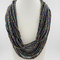 Multicolor Glass Seed Bead Layered Statement Bib Necklace Oil Slick Peacock