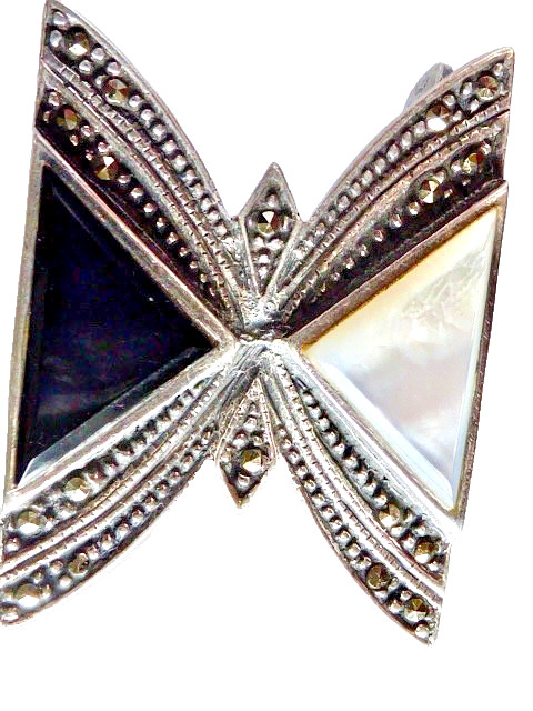 VINTAGE STAMPED 925 STERLING ONYX MOTHER OF PEARL MARCASITE BUTTERFLY PIN