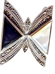 VINTAGE STAMPED 925 STERLING ONYX MOTHER OF PEARL MARCASITE BUTTERFLY PIN