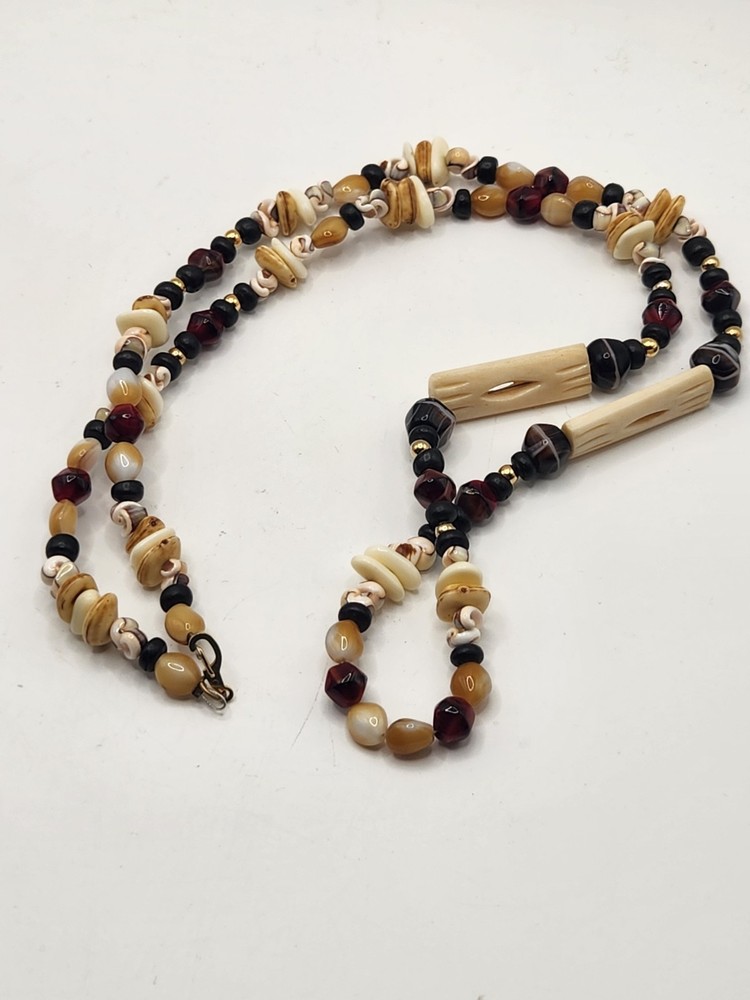 Vintage Artisan Beaded Necklace Bone Shell Agate Boho Tribal Statement