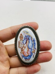 Vintage Silver Tone Russian Finift Hand Painted Porcelain The Snow Maiden Brooch