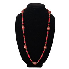 Venetian Necklace Murano Red Copper Wedding Cake Bead Hand Knot Vintage 30”